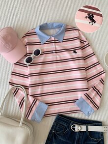 Comfortcana Women's Colorblock Long Sleeve Striped Polo Neck T-Shirt - Pink - View 4