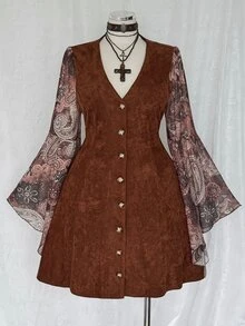 Sunspun Plus Size Women's V-Neck Mesh Sleeve Fitted Short Printed Dress - Brown - View 1