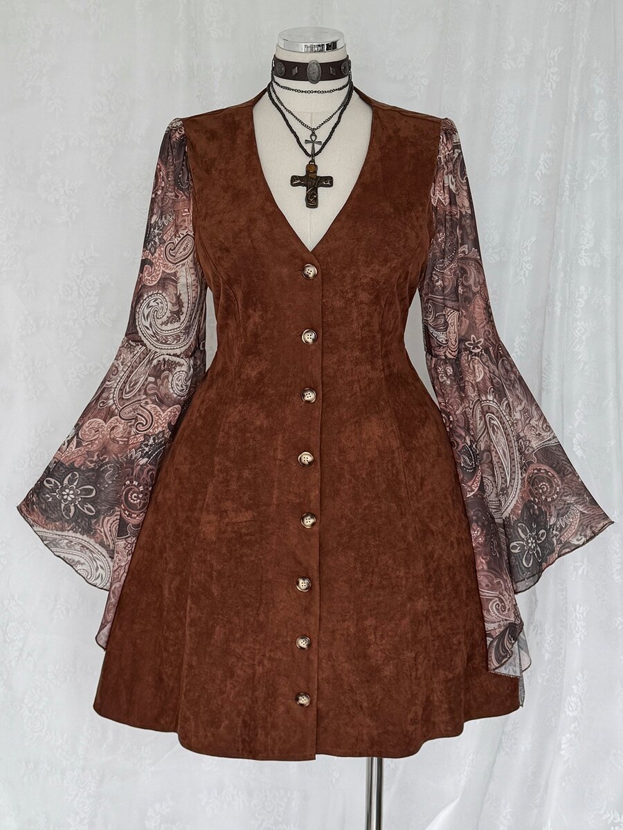 Sunspun Plus Size Women's V-Neck Mesh Sleeve Fitted Short Printed Dress - Brown - View 1