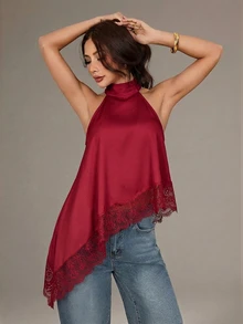 SHEIN PETITE 不對稱高領掛脖上衣，蕾絲飾邊，晚宴派對雞尾酒會正式優雅無袖款 - 玫瑰紅 - 查看 4