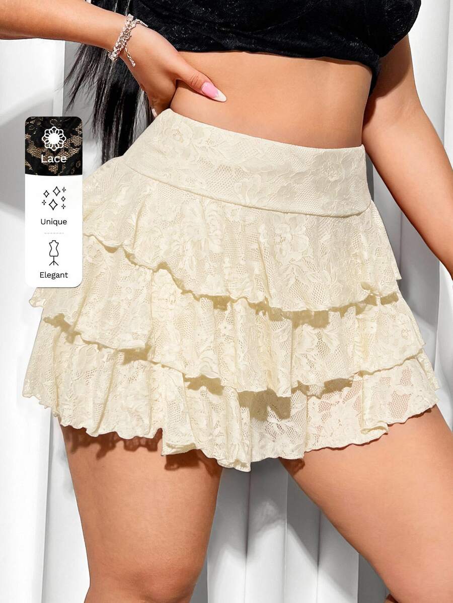 SHEIN ICON Plus Size Women's Fashion High Waist Lace Tiered Skirt - Apricot - View 1