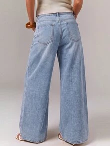 Athîral Denim 女款寬鬆版型藍白牛仔褲，水洗丹寧，蕾絲拼接，寬腿，純色，夏季蕾絲復古風，浪漫休閒，早午餐日常穿搭，女款牛仔褲 - 淺色水洗藍 - 查看 2