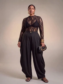 Zivah Plus Size Sexy Lace Sheer Top And Button Pleated Pants 2 Pieces Set - Black - View 8