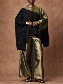 Zivah Elegant Women's Long Sleeve Patchwork Shiny Fabric Top & Wide Leg Pants 2 Pieces Set, Versatile For Commuting, Travel And Party - Black - View 5