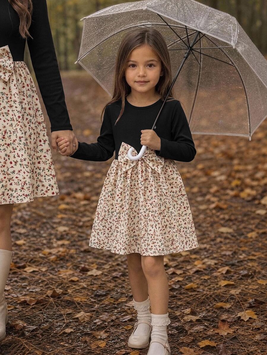Emery Rose Kids Emery Rose Kids 女童小女孩可愛拼接洋裝,復古棕色羅紋上衣配蝴蝶結與花卉裙襬,長袖連身裙,適合春夏秋冬 - 黑色 - 查看 1