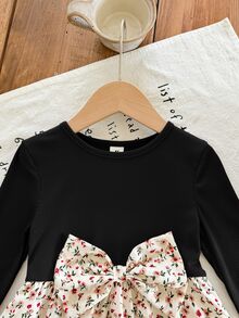 Emery Rose Kids Emery Rose Kids 女童小女孩可愛拼接洋裝，復古棕色羅紋上衣配蝴蝶結與花卉裙襬，長袖連身裙，適合春夏秋冬 - 黑色 - 查看 6