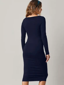 SHEIN BASICS 純色貼身中長洋裝，商務休閒女款／優雅夏季女裝套裝 - 藏蓝色 - 查看 2