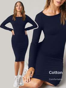SHEIN BASICS 純色貼身中長洋裝，商務休閒女款／優雅夏季女裝套裝 - 藏蓝色 - 查看 1