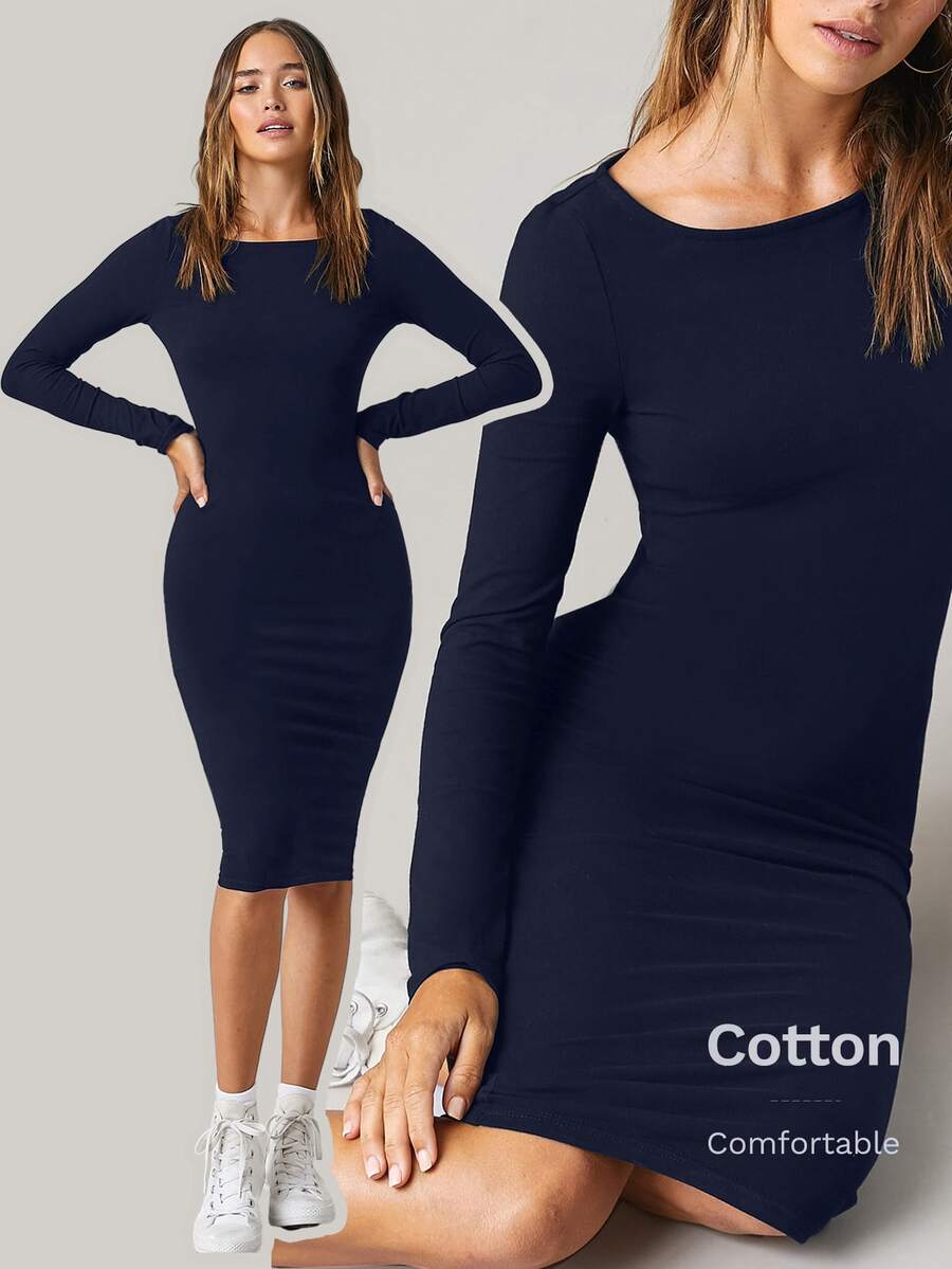 SHEIN BASICS 純色貼身中長洋裝,商務休閒女款/優雅夏季女裝套裝 - 藏蓝色 - 查看 1