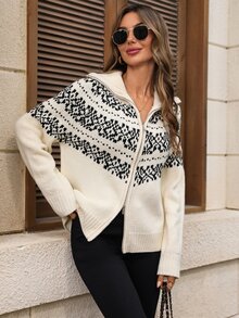 EMERY ROSE Women's Long Sleeve Zipper Geometric Pattern Casual Elegant Knit Cardigan Fall Clothes For Women Winter Outfit For Women Women Fall Winter Sweater - Khaki - View 3