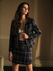 MOTF PREMIUM WOMEN'S ROUND NECK LONG SLEEVE MIXED COLOR PLAID ELEGANT SWEET SHORT JACKET - Blue - View 4