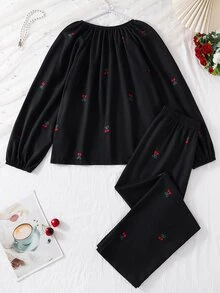 Teen Girl Black Top And Long Pants Casual Pajama Set - Black - View 2