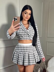 SHEIN SXY Women's Lapel Plaid Textured Pattern Ultra-Short Blazer And Mini Skirt Set - Black and White - View 4