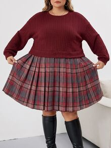 SHEIN CURVE+ فستان سويتشيرت بأكمام طويلة بنقشة مربعات وتصميم مرقع للنساء مقاس كبير، مناسب للخريف/الشتاء/عيد الميلاد - متعدد الألوان - مشاهدة 3