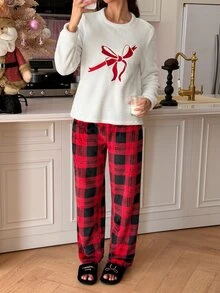 SweetSlumber Sweet INS Colorblock Bow Plaid Print Comfortable Round Neck Fuzzy Women Pajama Set - Multicolor - View 1