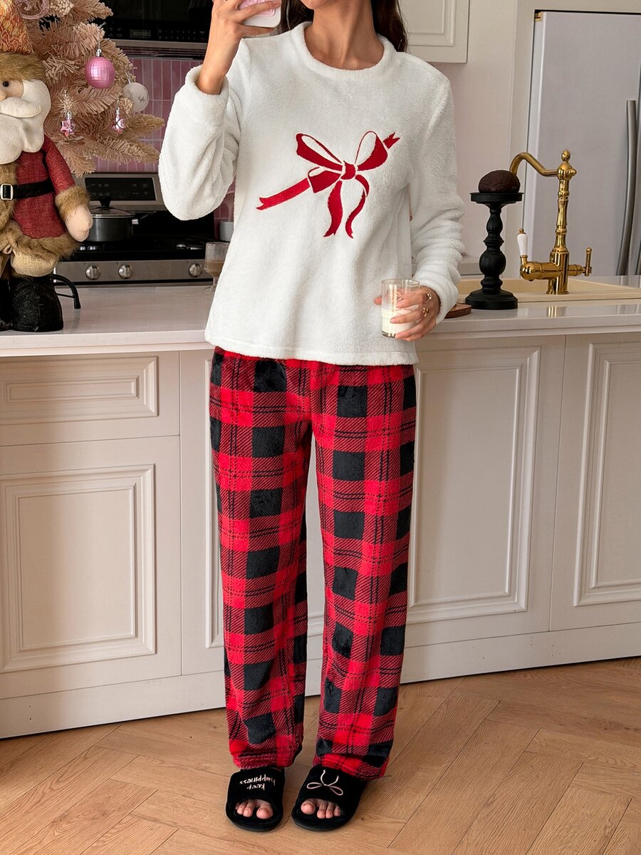 SweetSlumber Sweet INS Colorblock Bow Plaid Print Comfortable Round Neck Fuzzy Women Pajama Set - Multicolor - View 1