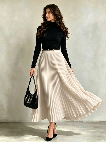 Trelyra Women's French Elegant Black & White Contrast Two Pieces Set, Fitted Stand Collar Long Sleeve Blouse + High Waist Pleated Maxi Skirt, Black Stand Collar Top + White Pleated Long Skirt Outfit, Women's Elegant Suit, Women's Commute Suit, OL Office Style Black & White Two Pieces Set, Daily Gathering Commute Elegant Outfit