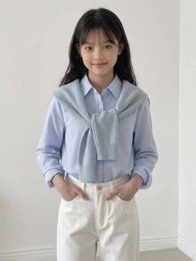 Hapijoa 青少年女孩秋季大童領口短袖襯衫夏季上衣 - 藍色 - 查看 8