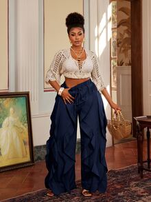Maweii Plus Size Design Drawstring Waist American Style Versatile Ruffle Pants - Navy Blue - View 2