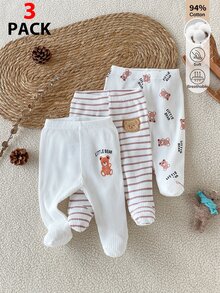 SHEIN 3件組新生兒春秋連腳緊身褲 0-9個月嬰兒可愛熊條紋印花 親膚柔軟長褲 適合內穿、外出及多種場合 - 彩色 - 查看 2