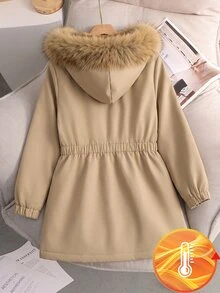 SHEIN Elladie kids 女童甜酷風秋冬加厚保暖內裡 3D 時尚優雅精緻極簡風毛領絨毛長版大衣 卡其色戶外穿搭 - 卡其色 - 查看 2