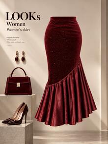 Franclia Plus Size Burgundy Velvet Glitter High Waist Slim Fit Bodycon Asymmetrical Ruffle Fishtail Evening Skirt - Burgundy - View 3