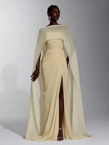 Elitara Elegant Minimalist Classical Chiffon Shawl Strapless Handmade Pleated Fishbone Internal Corset Waist Bodycon Slit Train Long Dress Cream Fall - Yellow - View 1