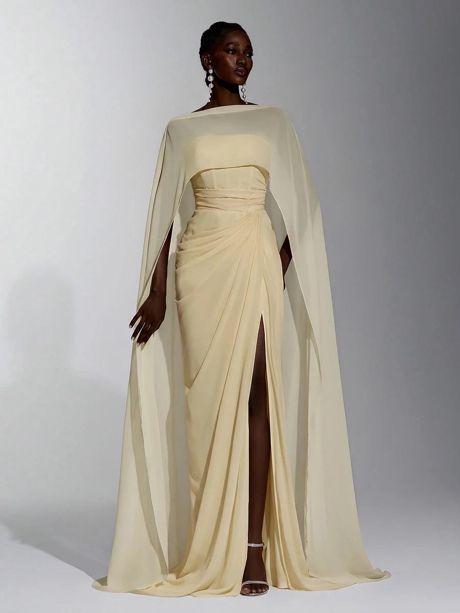 Elitara Elegant Minimalist Classical Chiffon Shawl Strapless Handmade Pleated Fishbone Internal Corset Waist Bodycon Slit Train Long Dress Cream Fall - Yellow - View 1
