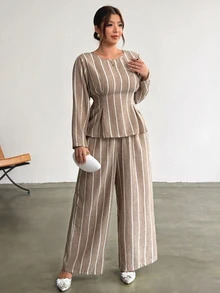 Firerie Plus Size Slimming Ruched Khaki Striped Round Neck Long Sleeve Set/Elastic Waistband/Casual Everyday Matching Set Fall - Khaki - View 6