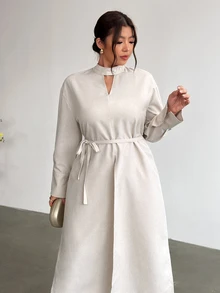 Firerie Apricot Extra Long Sleeve Small Stand Collar Top Straight Leg High Slit Waist Tie & Straight Leg Pants Plus Size Two Pieces Set/Elegant Teacher Workwe - Apricot - View 6