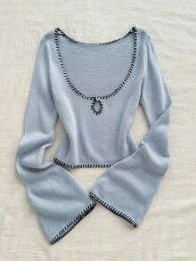 Jeanoix Vintage Contrast Color Trim Hollow Placket Bell Sleeve Knit Top Slim Fit Short Length Low Round Neck Women Sweater - Blue - View 3