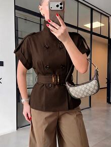 Lumalex Short Sleeve Loose High Neck Cinched Waist Women's Trench Coat Jacket - Brown - View 12