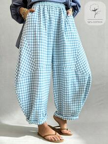 SoleilVie Blue Plaid Plus Size Women's Curved Leg Pants With Pockets - Blue - View 1