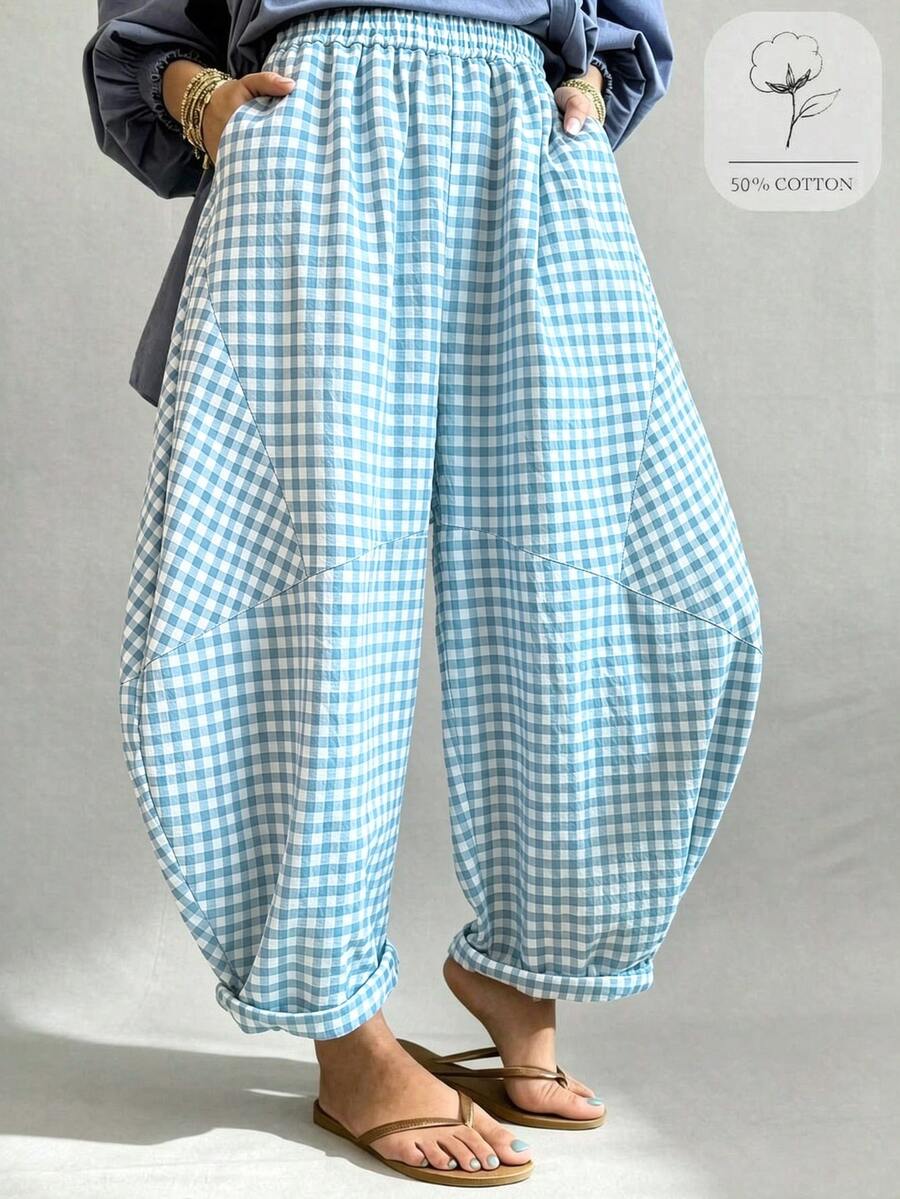 SoleilVie Blue Plaid Plus Size Women's Curved Leg Pants With Pockets - Blue - View 1