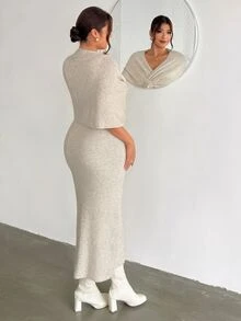 Firerie Atmospheric Knit Cover Up Dress With Multiple Wearing Styles, Knot Detail, V Neck, Loose Fit, Flattering Silhouette, Versatile Fall Cocktail Grey - Apricot - View 4