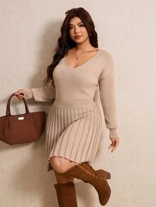 Elaquor Plus Drop Shoulder Sweater Dress Winter - Khaki - View 2