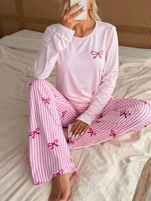 SHEIN Bow Striped Print Fresh Women's Pajama Set Casual Homewear - Pink - View 5
