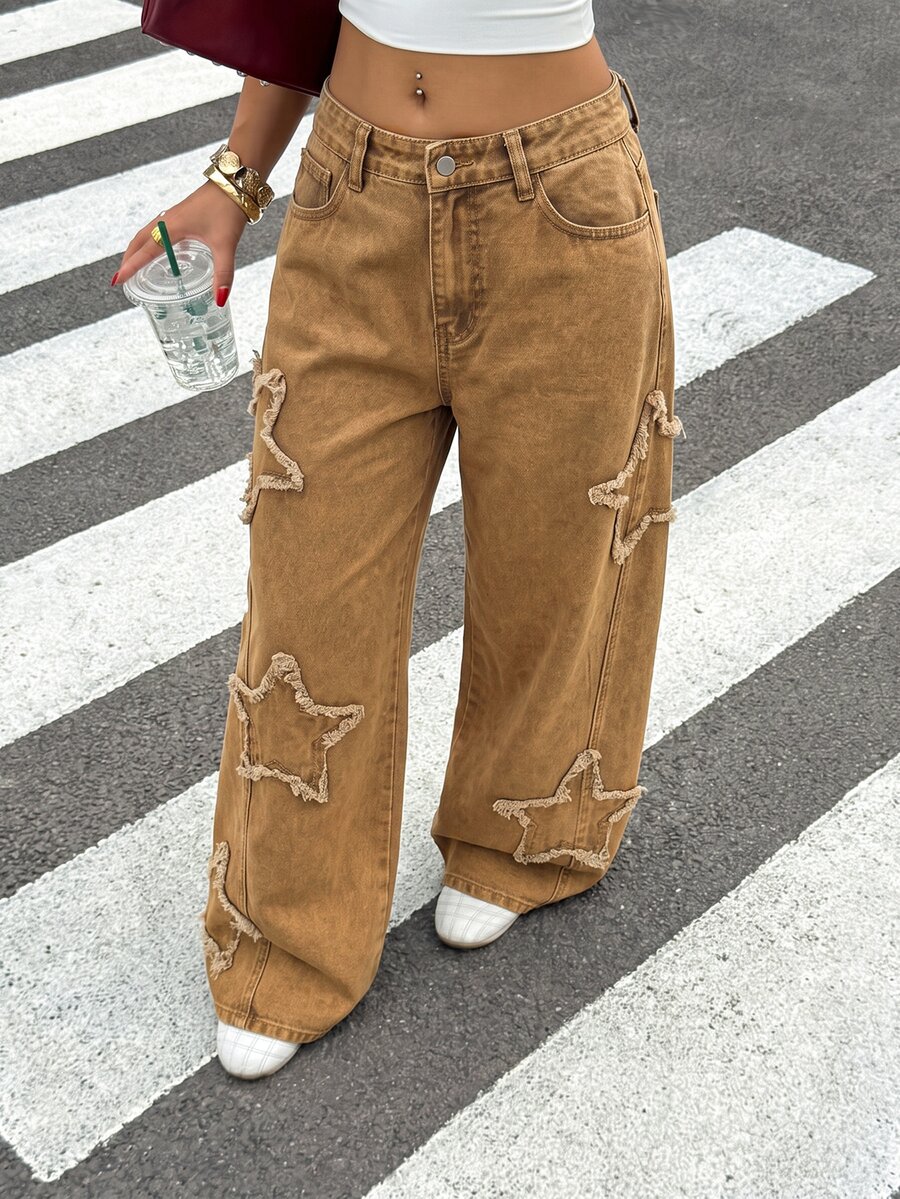 SHEIN MOD Women's Vintage Street Style Applique Embroidery Button Loose Fit Denim Jeans - Khaki - View 1