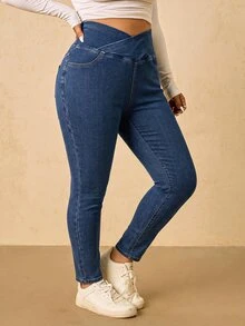 SHEIN MOD بنطلون جينز نسائي مقاس كبير بخصر غير متماثل للارتداء اليومي الكاجوال - أزرق متوسط - مشاهدة 4