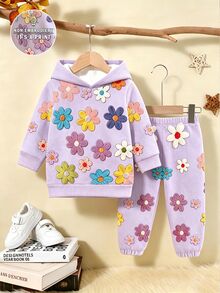 SHEIN Toddler Girls Floral Print Hoodie & Jogger Pants Set, Light Purple (2 Pcs) Fall Winter - Multicolor - View 4