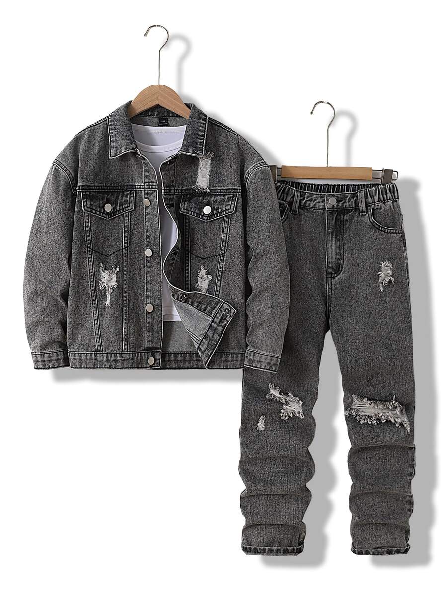 SHEIN Cool Cool Boy Fashion Distressed Spray Wash Denim Jacket & Slim Fit Comfortable Jeans 2pcs Set, Street Vintage All-Match Commute Versatile Casual Everyday Outfit For Boys, All Seasons Ripped Destroyed Style - Light Grey - View 1