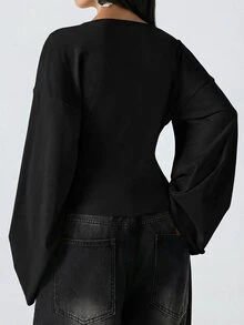 LYSMO Autumn/Winter New 95% Cotton Flare Sleeve Women's Blouse Black Solid Color - Black - View 2