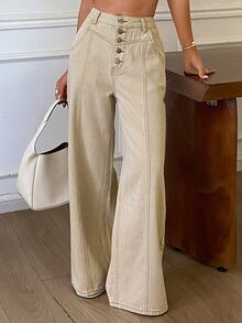 Dazy Tall Women's Loose Straight Leg Long Pants Button Decor Urban Casual Denim Jeans - Khaki - View 6