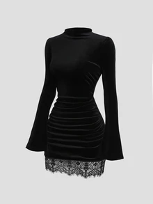 Sweetra Women's Spicy Style Semi-High Neck Flare Sleeve Ruched Bodycon Lace Trim Mini Skirt - Black - View 3