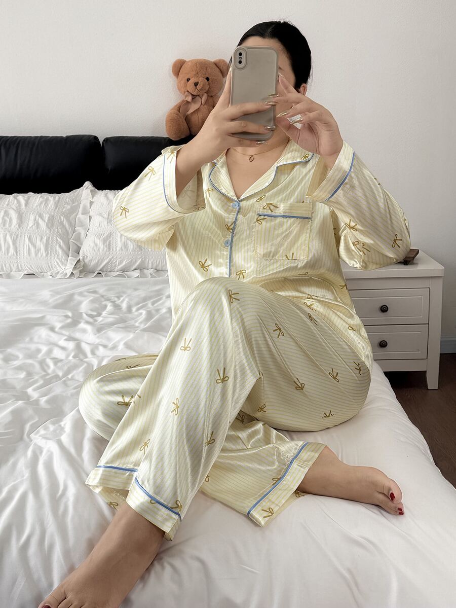 Napfluff CURVE Napfluff CURVE Plus Size Faux Silk Bow Collar Striped Print Pajama Set - Multicolor - View 1