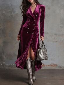Balvessa Shawl Collar Double Breasted Placket Velvet Dress - Hot Pink - View 2