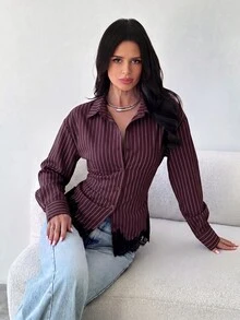 Firerie 女款酒紅色長袖襯衫，綁帶腰部後背設計，適合日常通勤、度假，修身版型，春夏秋冬四季穿著，優雅風格 - 酒紅色 - 查看 3
