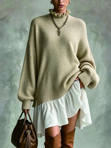 Trelyra Women's Colorblock Pleated Casual Everyday Knit Dress - Apricot - View 1