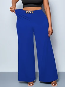 SHEIN CURVE+ Celana Wanita Plus Size Warna Polos dengan Detail Sabuk Kaki Lebar, Celana, Cocok untuk Semua Musim, Cocok untuk Pesta, Konser, Gaya Harian Komuter, Festival Musik, Romansa, Hari Valentine, Liburan - Royal Blue - View 2