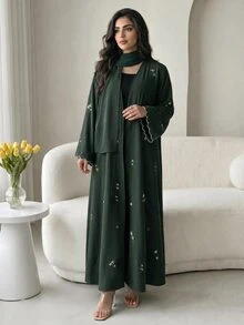 Al Najma Women's Floral Embroidered Pattern Casual Gathering Abaya - Green - View 1